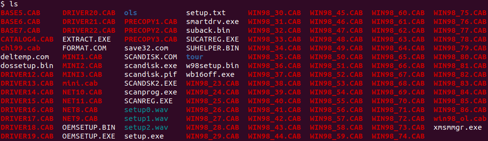 Listing of files on the Windows 98 SE CD